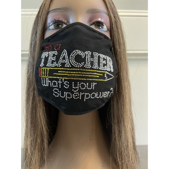Teacher Superpower Rhinestone Bling Face Mask - Picture 6 of 10